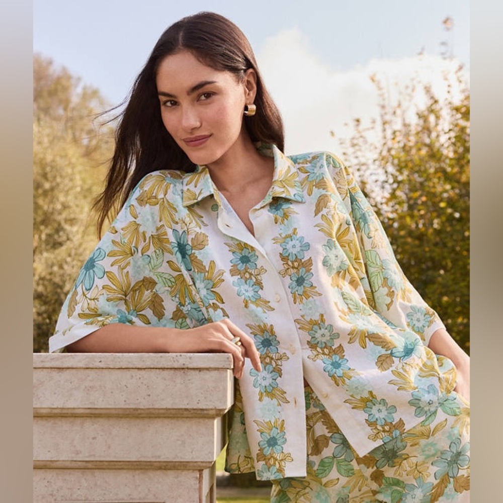 LOFT White Floral Button-Up Shirt with Blue and Mustard Flowers